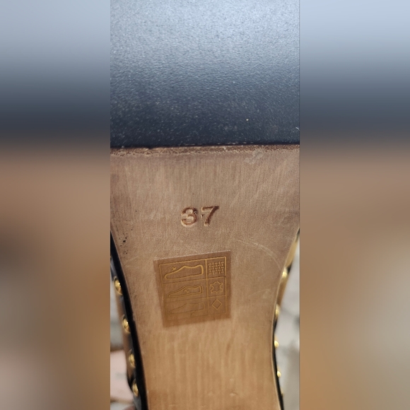 Miu Miu Gold Satin Black Swallow Birds Wooden Mules Clogs Women's Size 37/6.5 - Picture 9 of 9